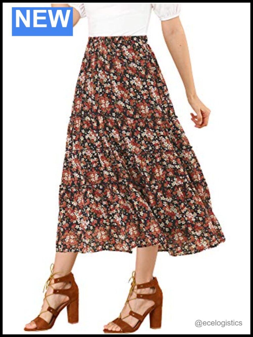 Chiffon Floral Ruffle Maxi Skirt A-Line High Waist Flowy